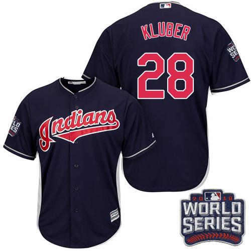 Indians #28 Corey Kluber Navy Blue Alternate 2016 World Series Bound Stitched Youth MLB Jersey - Click Image to Close